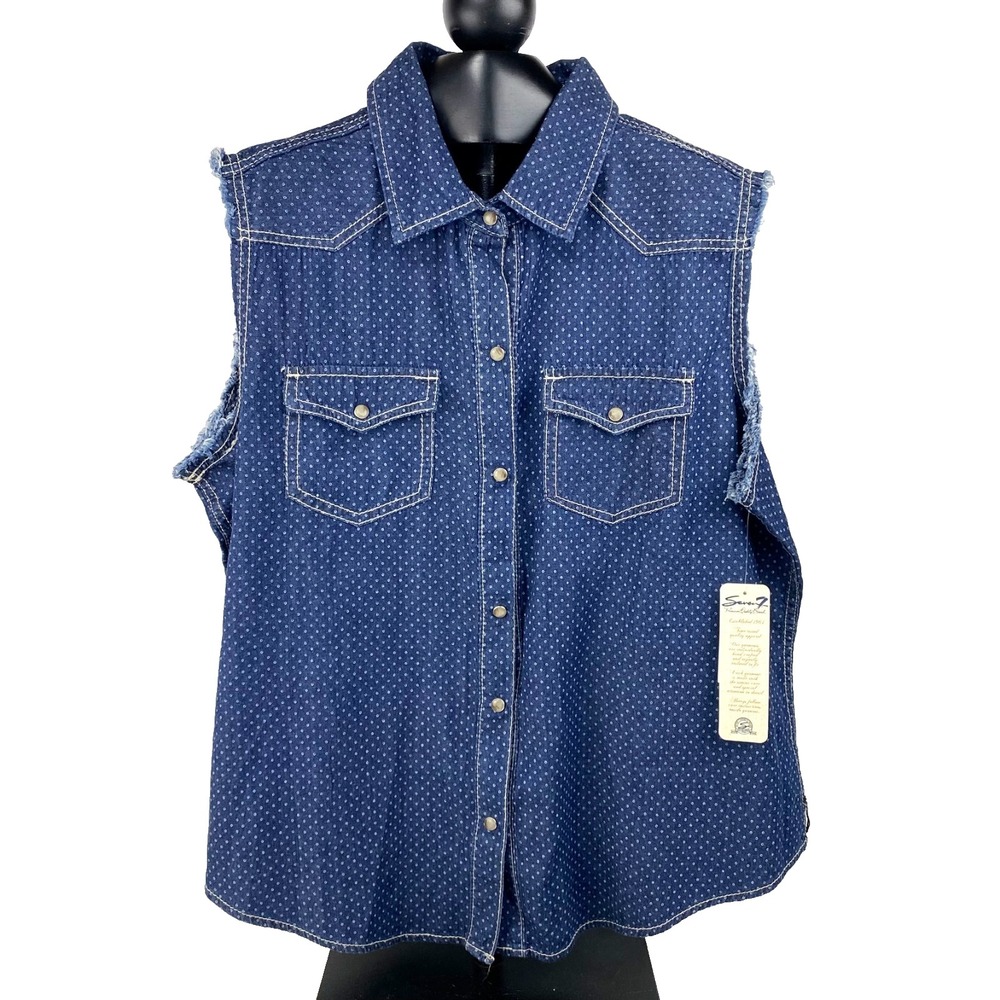 NWT 7 For All Mankind Luxe Women's Vest 18 / 20 Chambray Pearl Snap Buttons